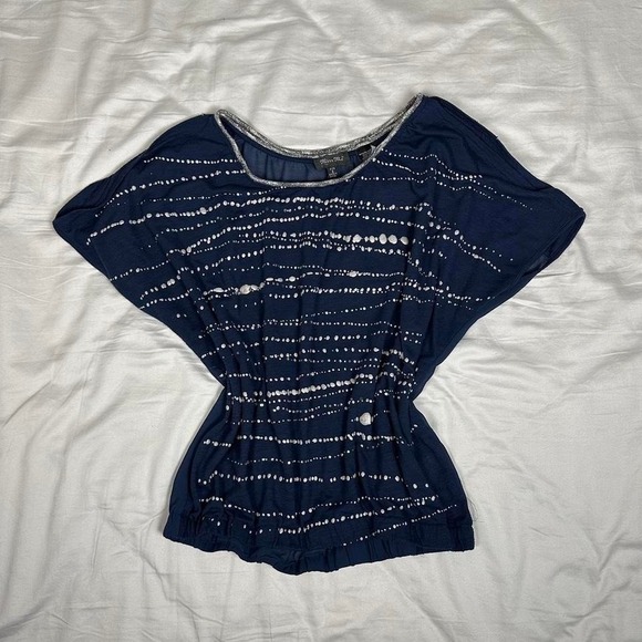 Miss Me Tops - y2k Miss Me navy blue & silver glitter bat wing short sleeve wide neck top